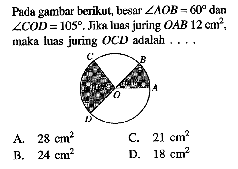 Pada gambar berikut, besar sudut AOB=60 dan sudut COD=105. Jika luas juring OAB 12 cm^2, maka luas juring OCD adalah  ... .