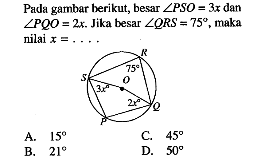 Pada gambar berikut, besar sudut PSO=3x dan sudut PQO=2x. Jika besar sudut QRS=75, maka nilai x=....