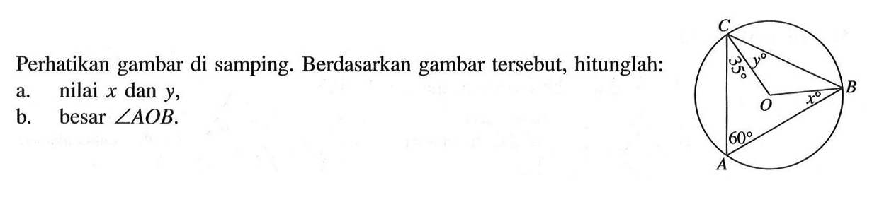 Perhatikan gambar di samping. Berdasarkan gambar tersebut, hitunglah: a. nilai x dan y, b. besar sudut AOB. 