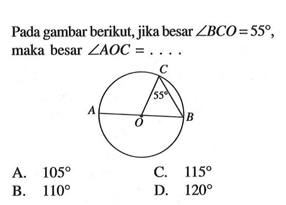 Pada gambar berikut, jika besar sudut BCO=55, maka besar  sudut AOC=... .