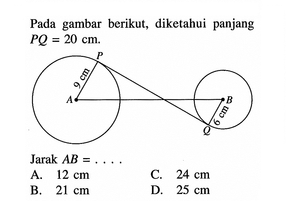 Pada gambar berikut, diketahui panjang PQ=20 cm Jarak  AB=.... 