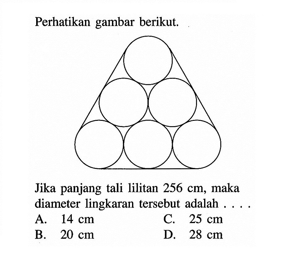 Perhatikan gambar berikut.
Jika panjang tali lilitan  256 cm , maka diameter lingkaran tersebut adalah ....
