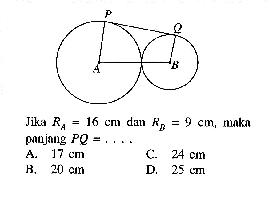 Jika RA=16cm dan RB=9cm, maka panjang PQ=... 