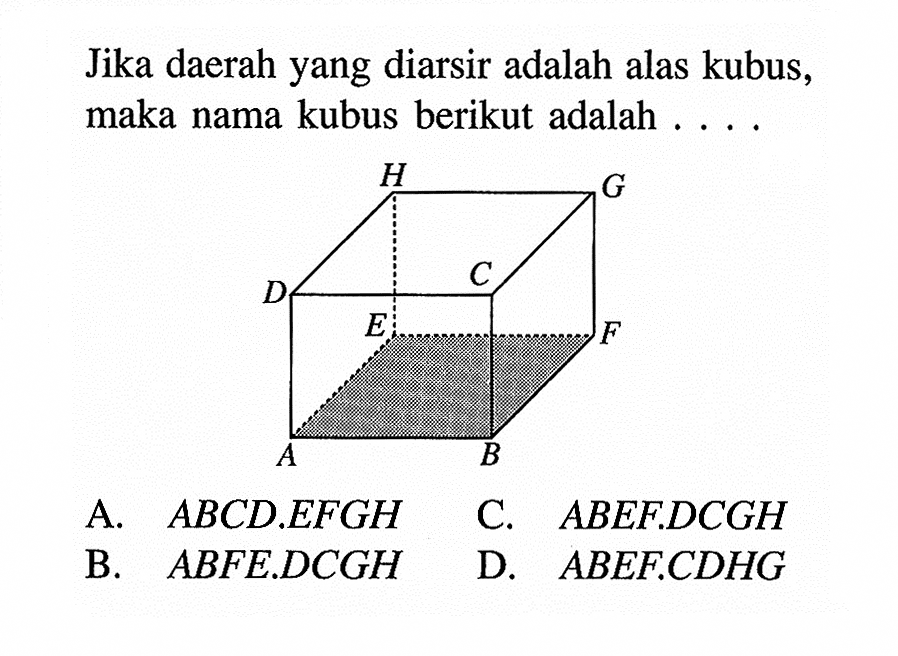 Jika daerah yang diarsir adalah alas kubus, maka nama kubus berikut adalah .... A. ABCD.EFGH 
B. ABFE.DCGH 
C. ABEF.DCGH 
D. ABEF.CDHG