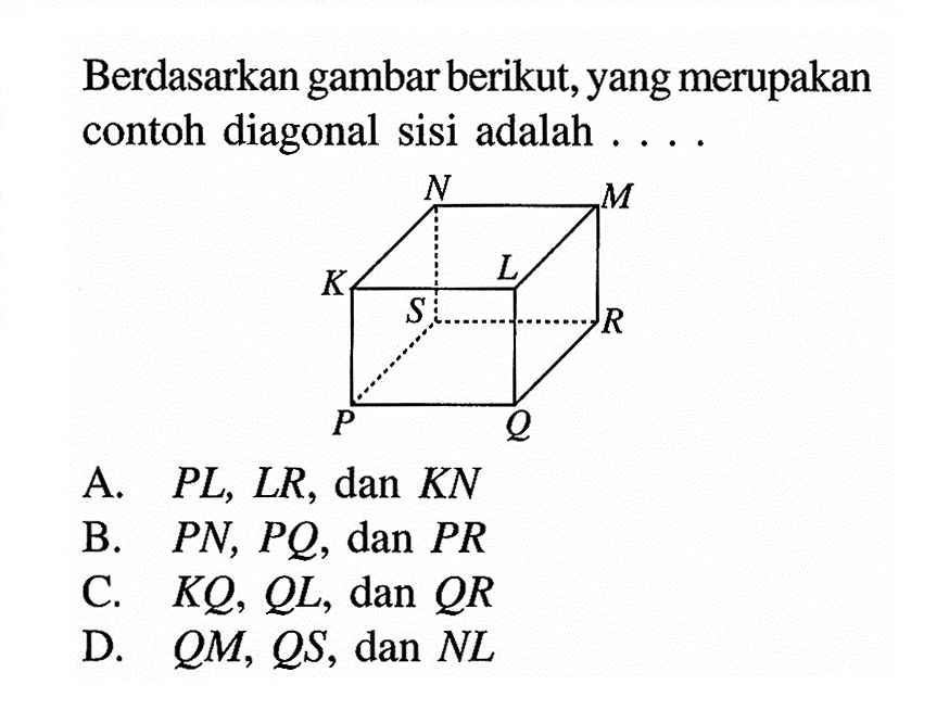 Berdasarkan gambar berikut, yang merupakan contoh diagonal sisi adalah ... A. PL, LR, dan KN B. PN, PQ, dan PR C. KQ, QL, dan QR D. QM, QS, dan NL