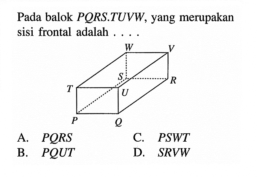 Pada balok PQRS.TUVW, yang merupakan sisi frontal adalah...A. PQRS 
B. PQUT 
C. PSWT 
D. SRVW