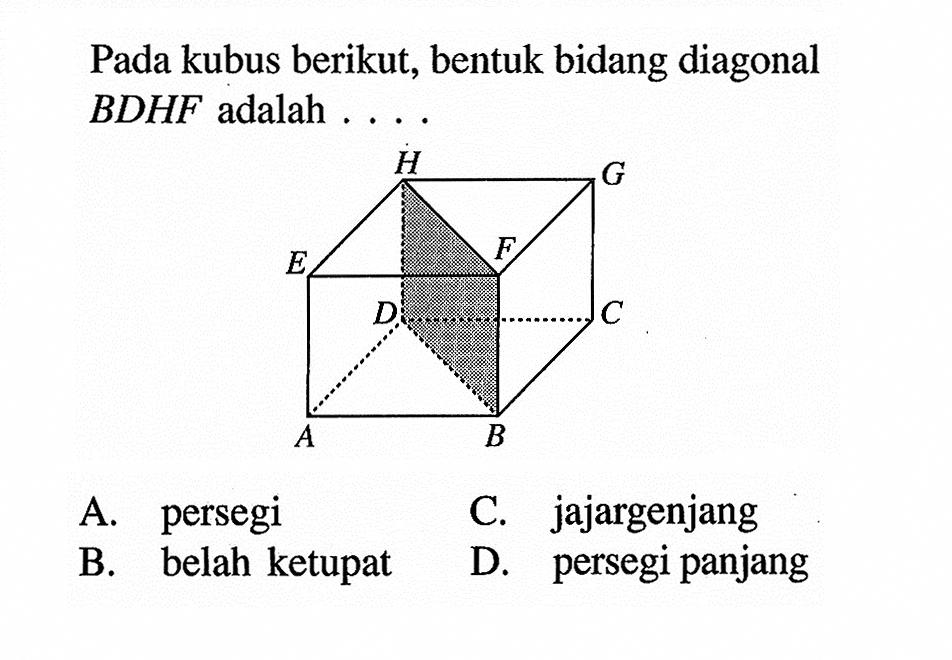 Pada kubus berikut, bentuk bidang diagonal BDHF adalah ...