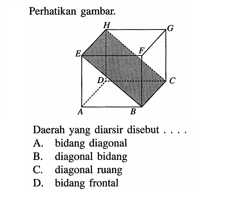 Perhatikan gambar.Daerah yang diarsir disebut ...A. bidang diagonalB. diagonal bidangC. diagonal ruangD. bidang frontal