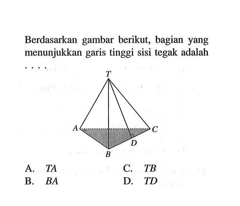 Berdasarkan gambar berikut, bagian yang menunjukkan garis tinggi sisi tegak adalah....A. TA C. TB B. BA D. TD