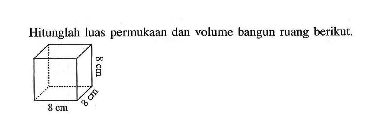 Hitunglah luas permukaan dan volume bangun ruang kubus 8 cm berikut.