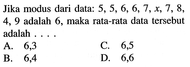 Jika modus dari data: 5,5,6,6,7,x,7,8,4,9 adalah 6, maka rata-rata data tersebut adalah ....