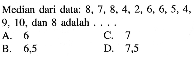 Median dari data: 8,7,8,4,2,6,6,5,4 9,10, dan 8 adalah ....