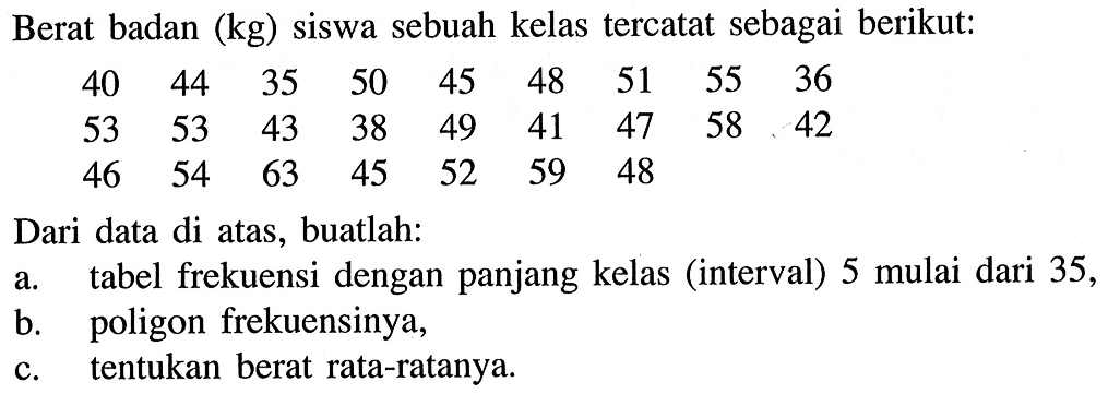 Berat badan (kg) siswa sebuah kelas tercatat sebagai berikut: 40 44 35 50 45 48 51 55 36 53 53 43 38 49 41 47 58 42 46 54 63 45 52 59 48 Dari data di atas, buatlah: a. tabel frekuensi dengan panjang kelas (interval) 5 mulai dari 35, b. poligon frekuensinya, c. tentukan berat rata-ratanya. 