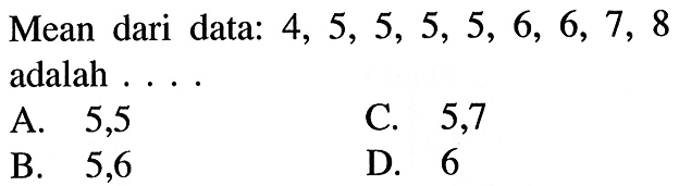 Mean dari data: 4,5,5,5,5,6,6,7,8 adalah ...
