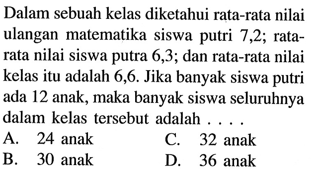 Dalam sebuah kelas diketahui rata-rata nilai ulangan matematika siswa putri 7,2;  ratarata nilai siswa putra 6,3;  dan rata-rata nilai kelas itu adalah 6,6. Jika banyak siswa putri ada 12 anak, maka banyak siswa seluruhnya dalam kelas tersebut adalah  ....