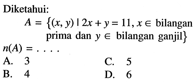 Diketahui:A={(x,y)|2x+y=11, x e bilangan prima dan y e bilangan ganjil} n(A)=... 