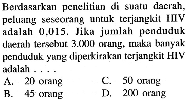 Berdasarkan penelitian di suatu daerah, peluang seseorang untuk terjangkit HIV adalah 0,015. Jika jumlah penduduk daerah tersebut  3.000  orang, maka banyak penduduk yang diperkirakan terjangkit HIV adalah ...
