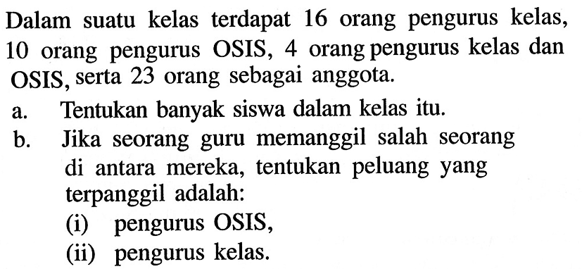 Dalam suatu kelas terdapat 16 orang pengurus kelas, 10 orang pengurus OSIS, 4 orang pengurus kelas dan OSIS, serta 23 orang sebagai anggota.a. Tentukan banyak siswa dalam kelas itu.b. Jika seorang guru memanggil salah seorang di antara mereka, tentukan peluang yang terpanggil adalah:(i) pengurus OSIS,(ii) pengurus kelas.