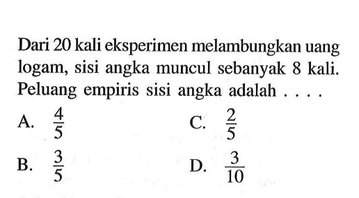 Dari 20 kali eksperimen melambungkan uang logam, sisi angka muncul sebanyak 8 kali. Peluang empiris sisi angka adalah....