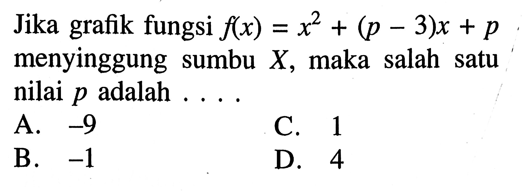 Jika grafik fungsi f(x) = x^2 + (p - 3)x + p menyinggung sumbu X, maka salah satu nilai p adalah ....