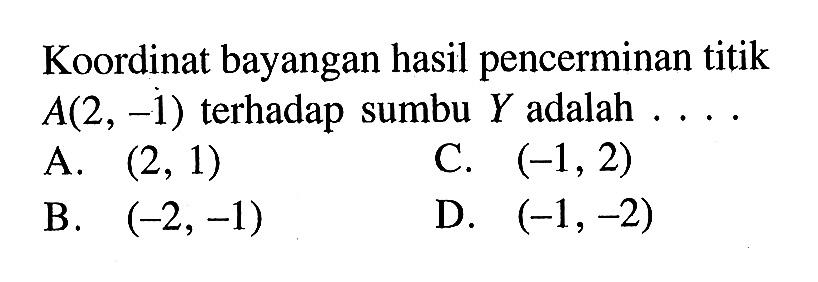 Koordinat bayangan hasil pencerminan titik A(2,-1) terhadap sumbu Y adalah....