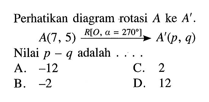 Perhatikan diagram rotasi  A  ke  A' .  A(7,5) R[O, a=270] -> A'(p, q)  Nilai  p-q  adalah .