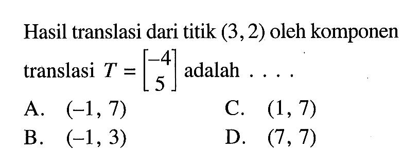 Hasil translasi dari titik (3,2) oleh komponen translasi T=[-4 5] adalah .... 