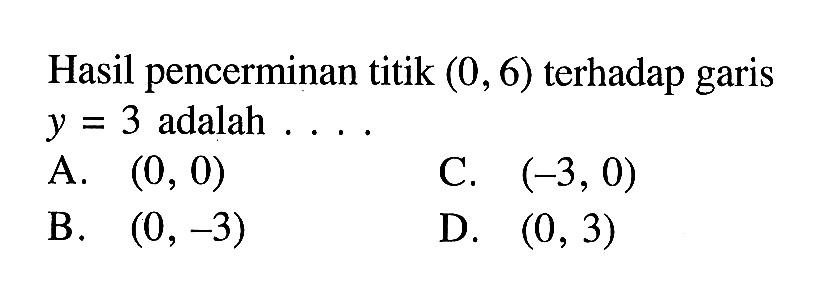 Hasil pencerminan titik  (0,6)  terhadap garis  y=3  adalah ....A.  (0,0) C.  (-3,0) B.  (0,-3) D.  (0,3) 