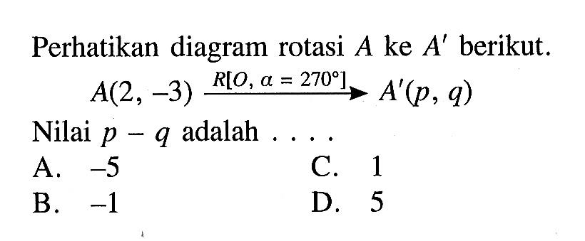 Perhatikan diagram rotasi  A  ke  A'  berikut.A(2,-3) ---> R[O, a=270]--> A'(p, q)Nilai  p-q  adalah ....