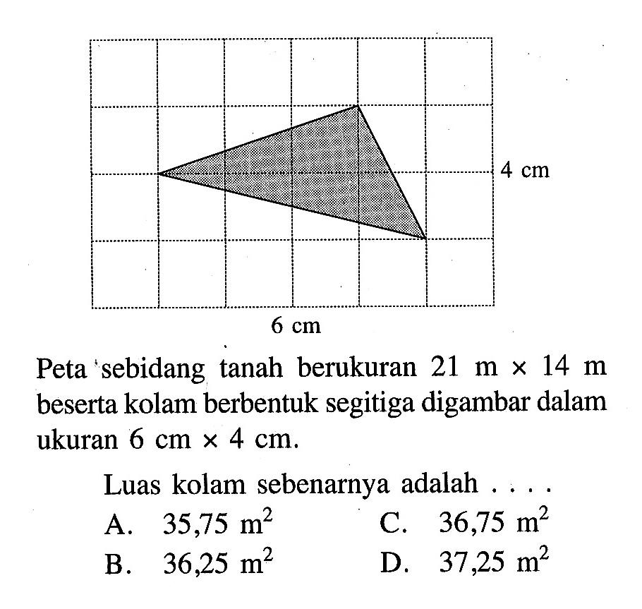 4 cm 6 cm Peta sebidang tanah berukuran 21 m x 14 m beserta kolam berbentuk segitiga digambar dalam ukuran 6 cm x 4 cm. Luas kolam sebenarnya adalah A. 35,75 m^2 C. 36,75 m^2 B. 36,25 m^2 D. 37,25 m^2