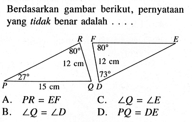 Berdasarkan gambar berikut, pernyataan yang tidak benar adalah .... 80 80 12 cm 12 cm 27 73A. PR=EF B. sudut Q=sudut D C. sudut Q=sudut E D. PQ=DE 