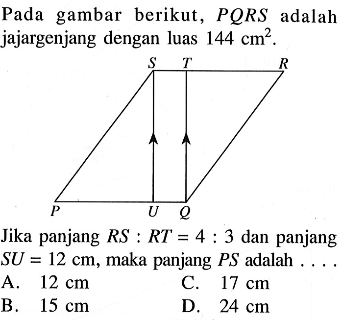 Pada gambar berikut, PQRS adalah jajargenjang dengan luas 144 cm^2. P Q R S T U Jika panjang RS:RT=4:3 dan panjang SU=12 cm, maka panjang PS adalah  .... .