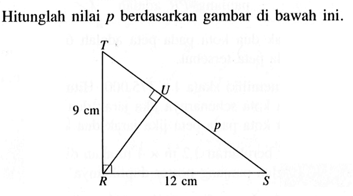 Hitunglah nilai p berdasarkan gambar di bawah ini. T U P R S 9 cm 12 cm