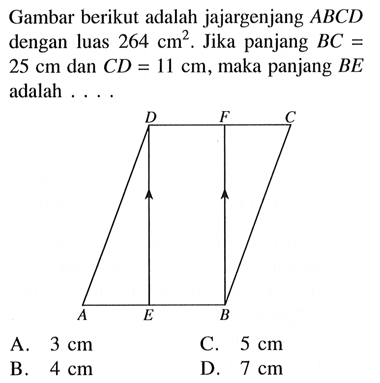 Gambar berikut adalah jajargenjang ABCD dengan luas 264 cm^2. Jika panjang BC= 25 cm dan CD=11 cm, maka panjang BE adalah ...