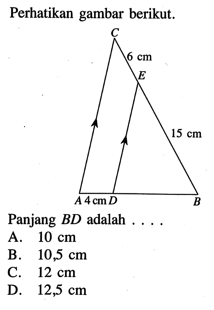 Perhatikan gambar berikut.6 cm 15 cm 4 cm
Panjang  BD  adalah ....
A.  10 cm 
B.  10,5 cm 
C.  12 cm 
D.  12,5 cm 