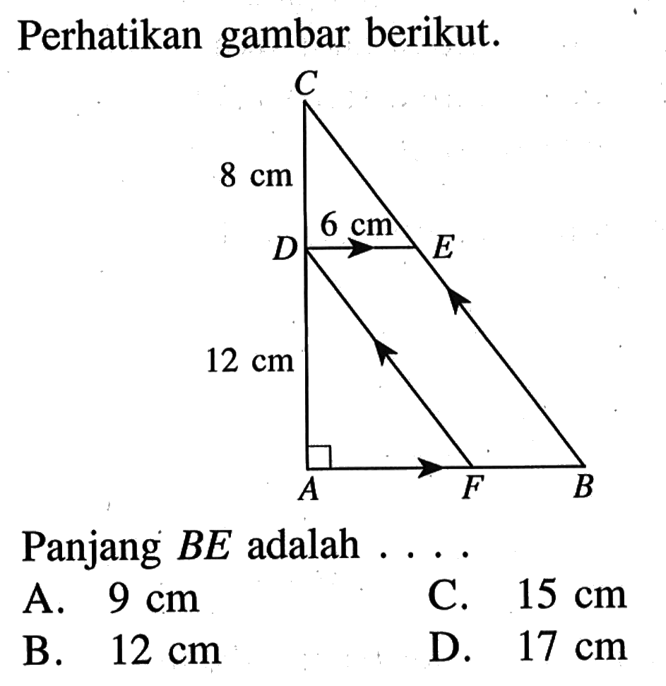 Perhatikan gambar berikut. C 8cm D 6cm E 12cm A F B. Panjang  BE  adalah ...