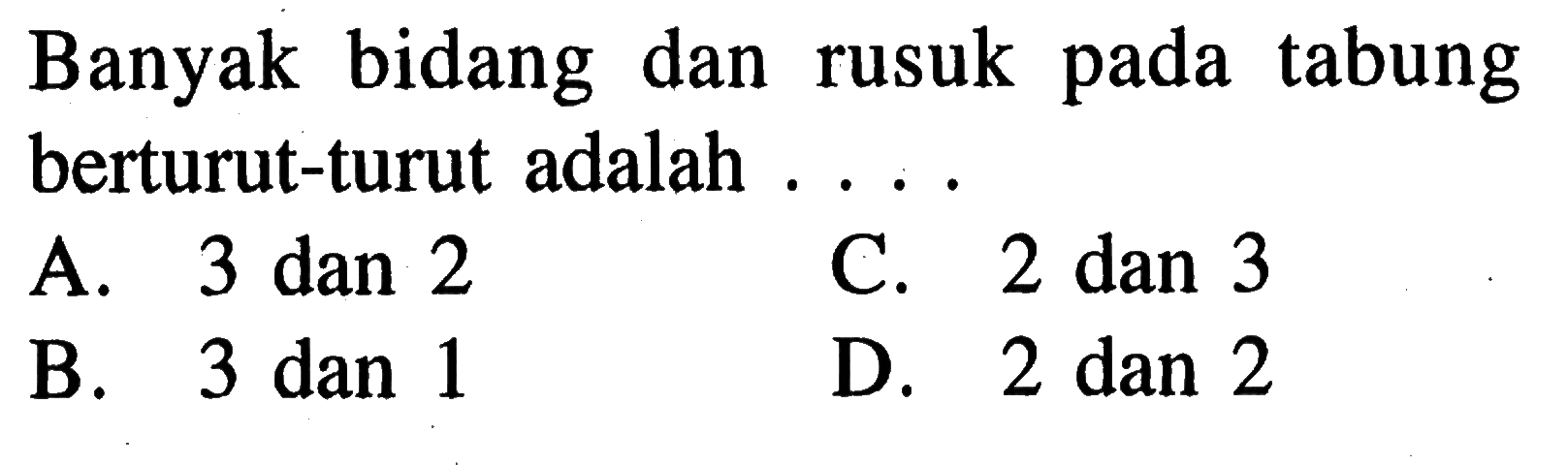 Banyak bidang dan rusuk pada tabung berturut-turut adalah...