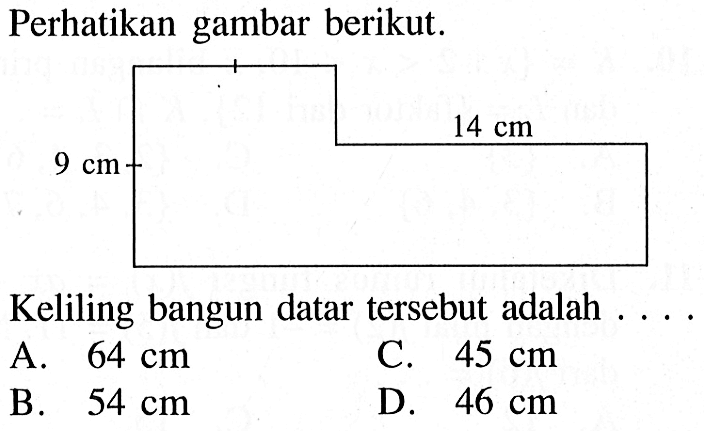 Perhatikan gambar berikut.9 cm 14 cm
Keliling bangun datar tersebut adalah  .... .
