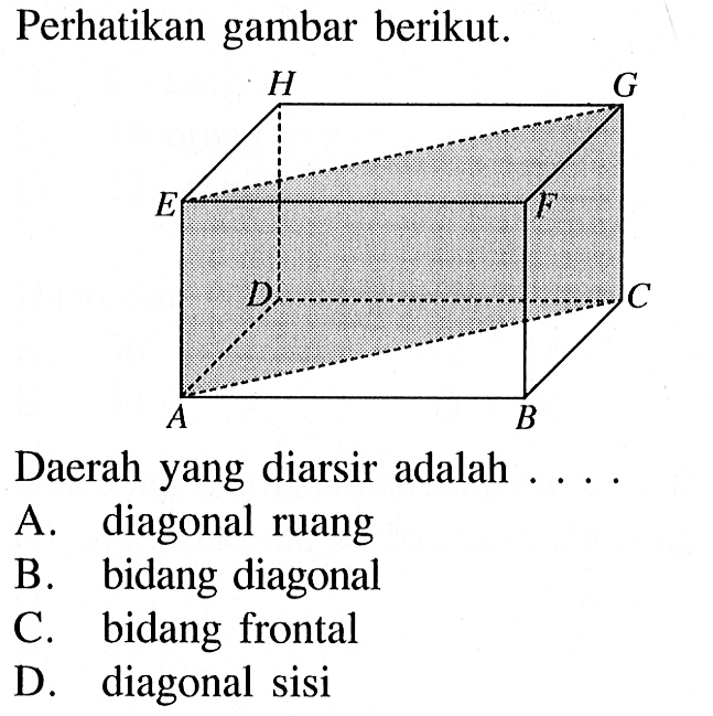 Perhatikan gambar berikut. Daerah yang diarsir adalah A. diagonal ruang B. bidang diagonal C. bidang frontal D diagonal sisi