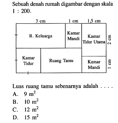 Sebuah denah rumah digambar dengan skala 1: 200. 3 cm 1 cm 1,5 cm R. Keluarga Kamar Mandi Kamar Tidur Utama 2 cm Kamar Tidur Ruang Tamu Kamar Mandi 1 cm Luas ruang tamu sebenarnya adalah .... A. 9 m^2 
B. 10 m^2 
C. 12 m^2 
D. 15 m^2