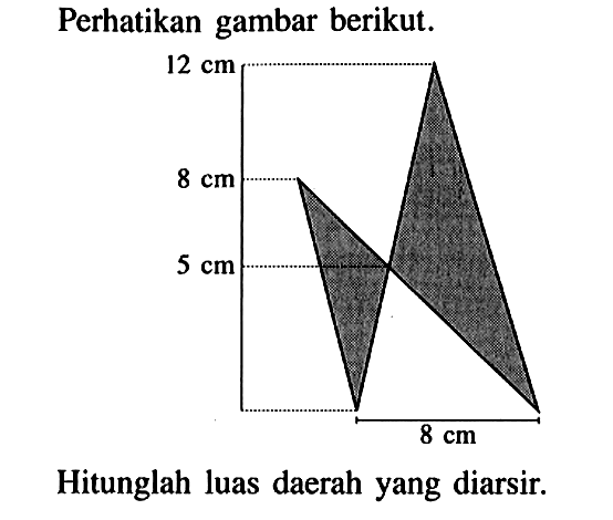 Perhatikan gambar berikut. 12 cm 8 cm 5 cm 8 cm Hitunglah luas daerah yang diarsir. 