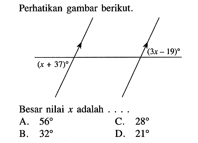 Perhatikan gambar berikut.(3x-19) (x+37)Besar nilai  x  adalah