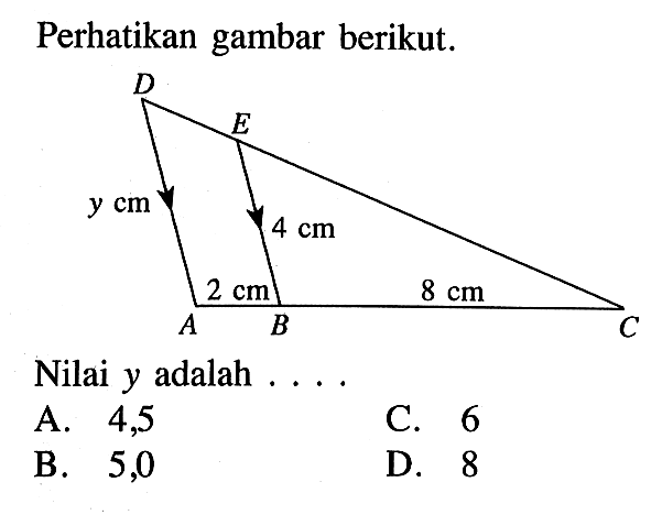 Perhatikan gambar berikut. D E y cm 4 cm 2 cm 8 cm A B C Nilai y adalah ....