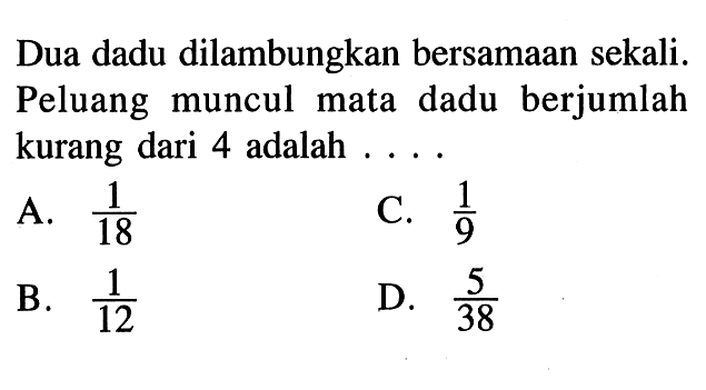 Dua dadu dilambungkan bersamaan sekali. Peluang muncul mata dadu berjumlah kurang dari 4 adalah .... 