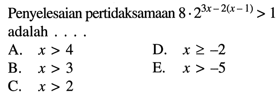 Penyelesaian pertidaksamaan 8.2^(3x-2(x-1))>1 adalah ...