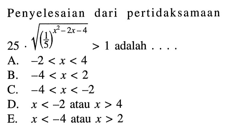 Penyelesaian dari pertidaksamaan 25 . akar((1/5)^(x^2-2x-4)) > 1 adalah....