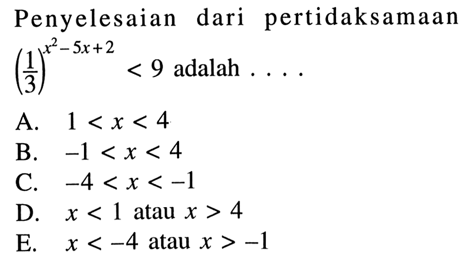 Penyelesaian dari pertidaksamaan (1/3)^(x^2-5x+2)<9 adalah