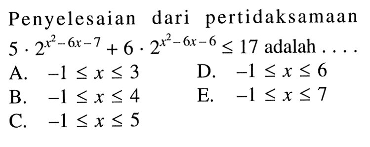 Penyelesaian dari pertidaksamaan5.2^(x^2-6x-7)+6.2^(x^2-6x-6)<=17 adalah ....