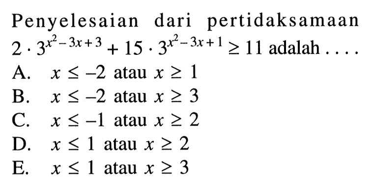 Penyelesaian dari pertidaksamaan 2.3^(x^2-3x+3) + 15.3^(x^2-3x+1) >= 11 adalah ... 