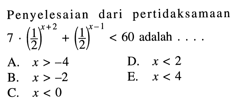 Penyelesaian pertidaksamaan dari 7.(1/2)^(x+2)+(1/2)^(x-1)<60 adalah . . . .